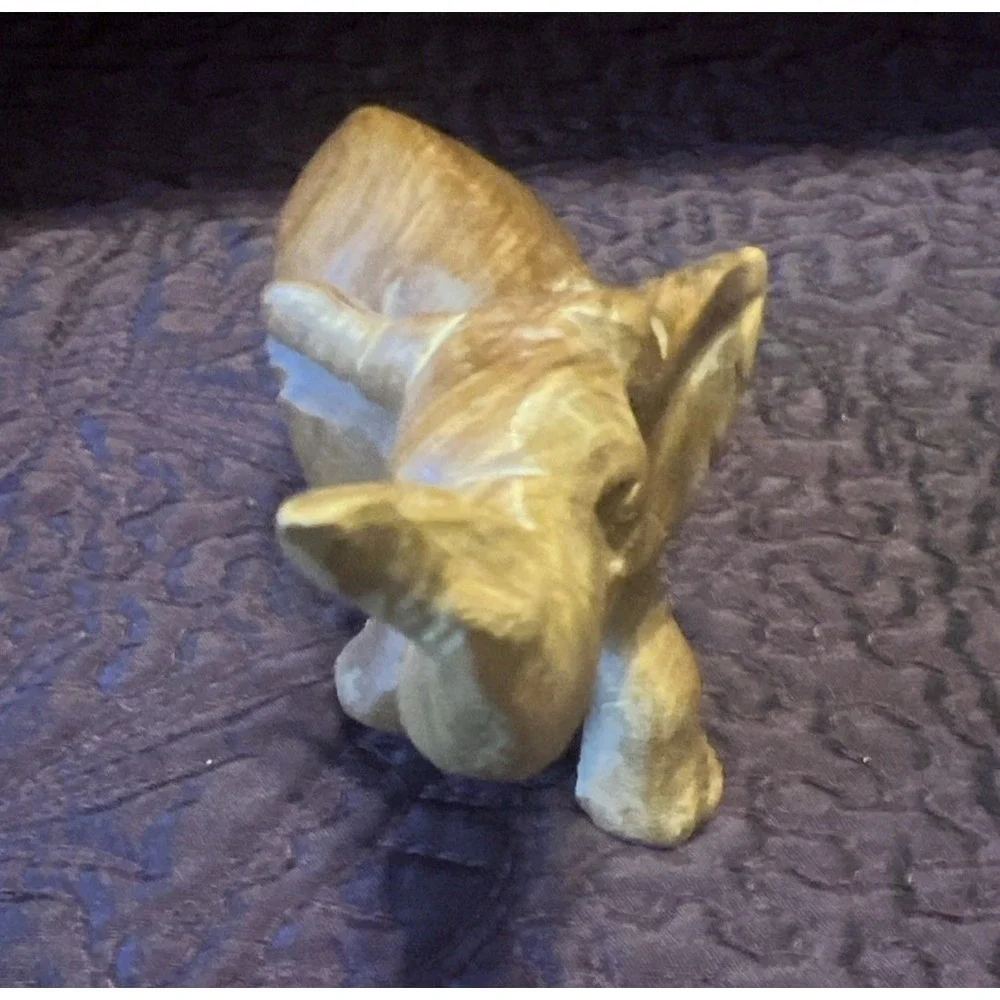 Vintage 5x2x3 Elephant Sitting Hand-Carved Wood Wooden Figurine Trunk Trumpeting